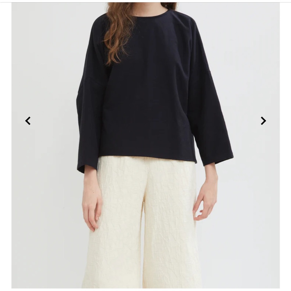 Black crane wool cotton blend gathered shirt